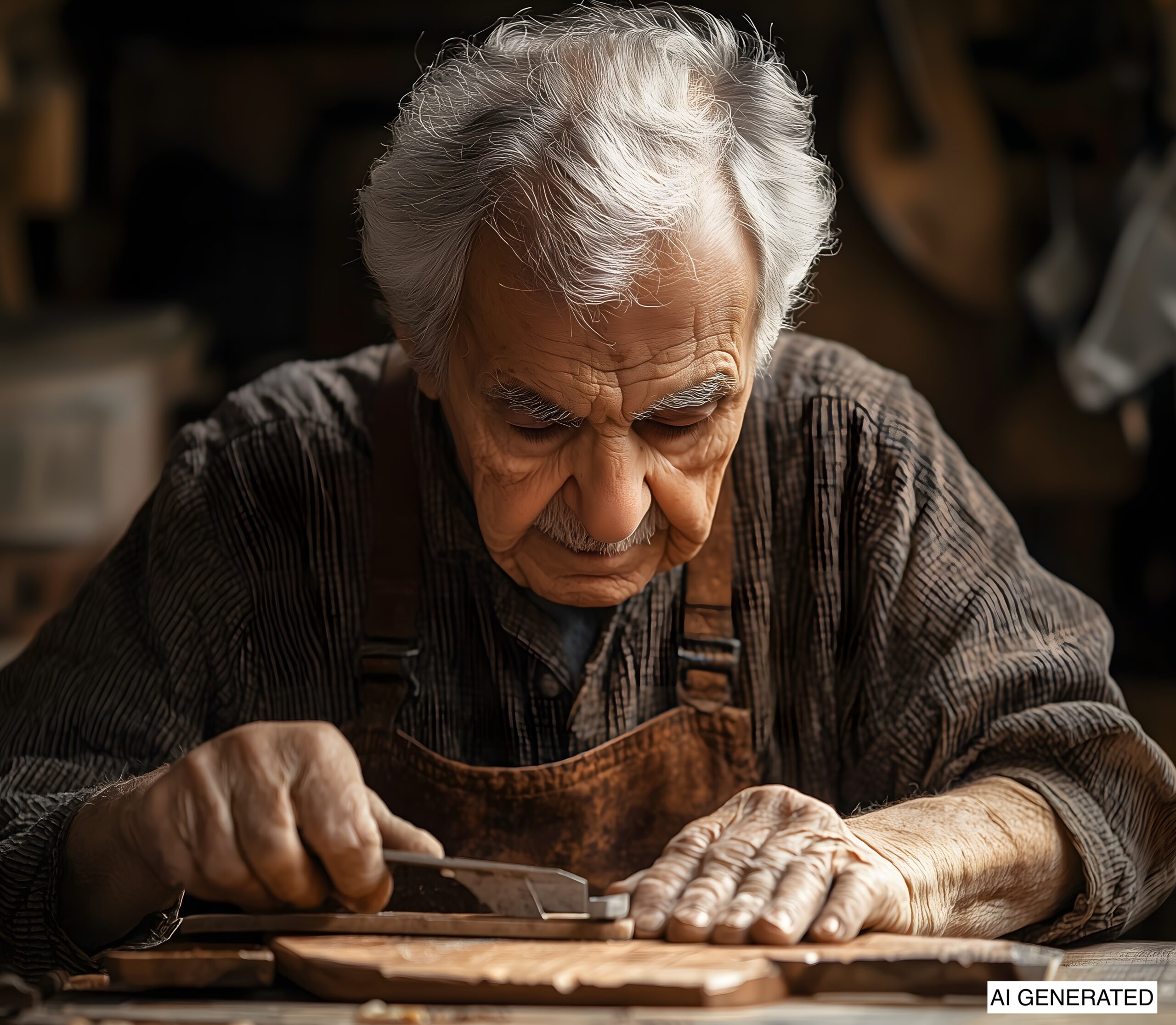 Lavoratore con mani rugose ripara un attrezzo con manico di legno